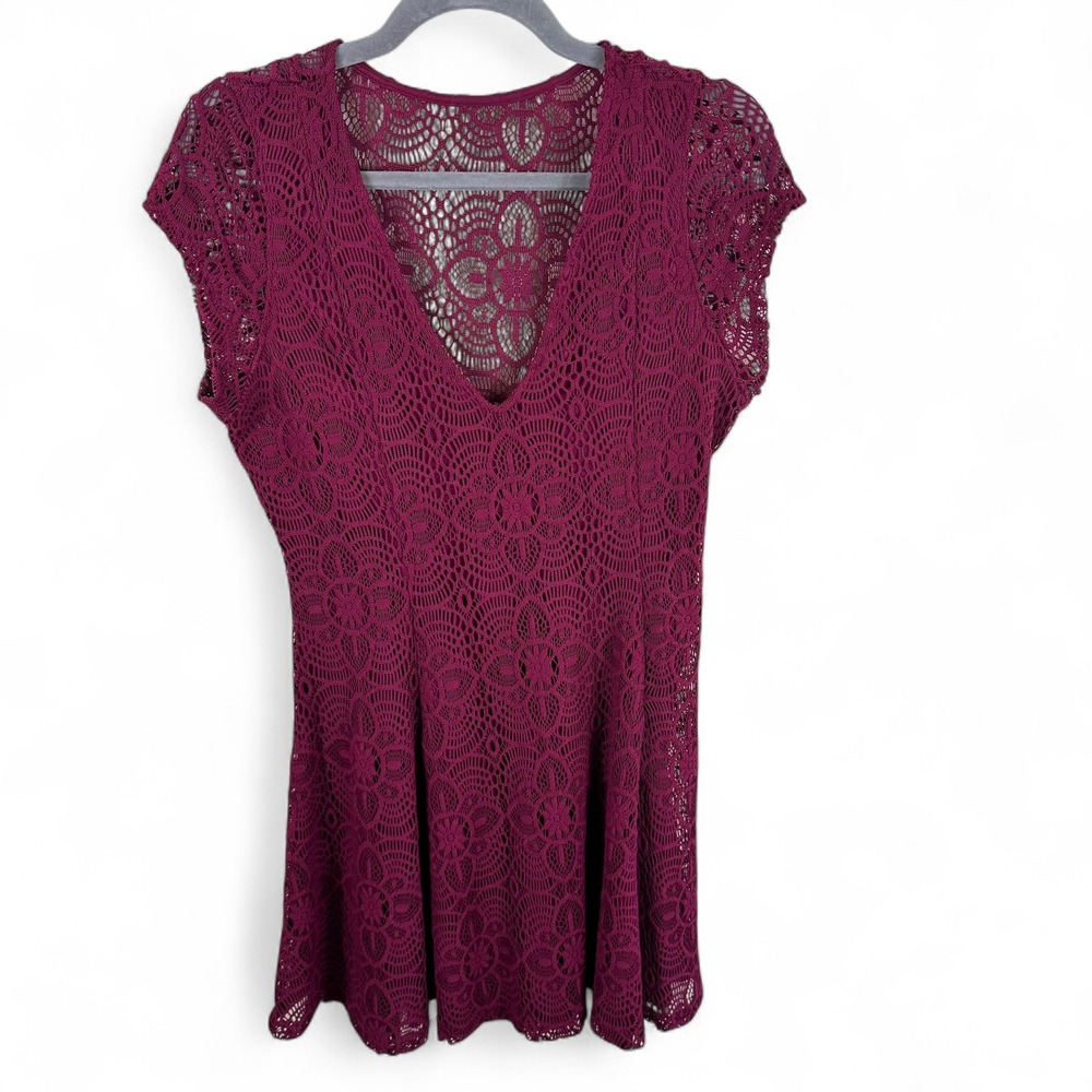 Express Womens Burgundy Crochet Lace V-Neck Cap Sleeve Dress Fit & Flare Medium